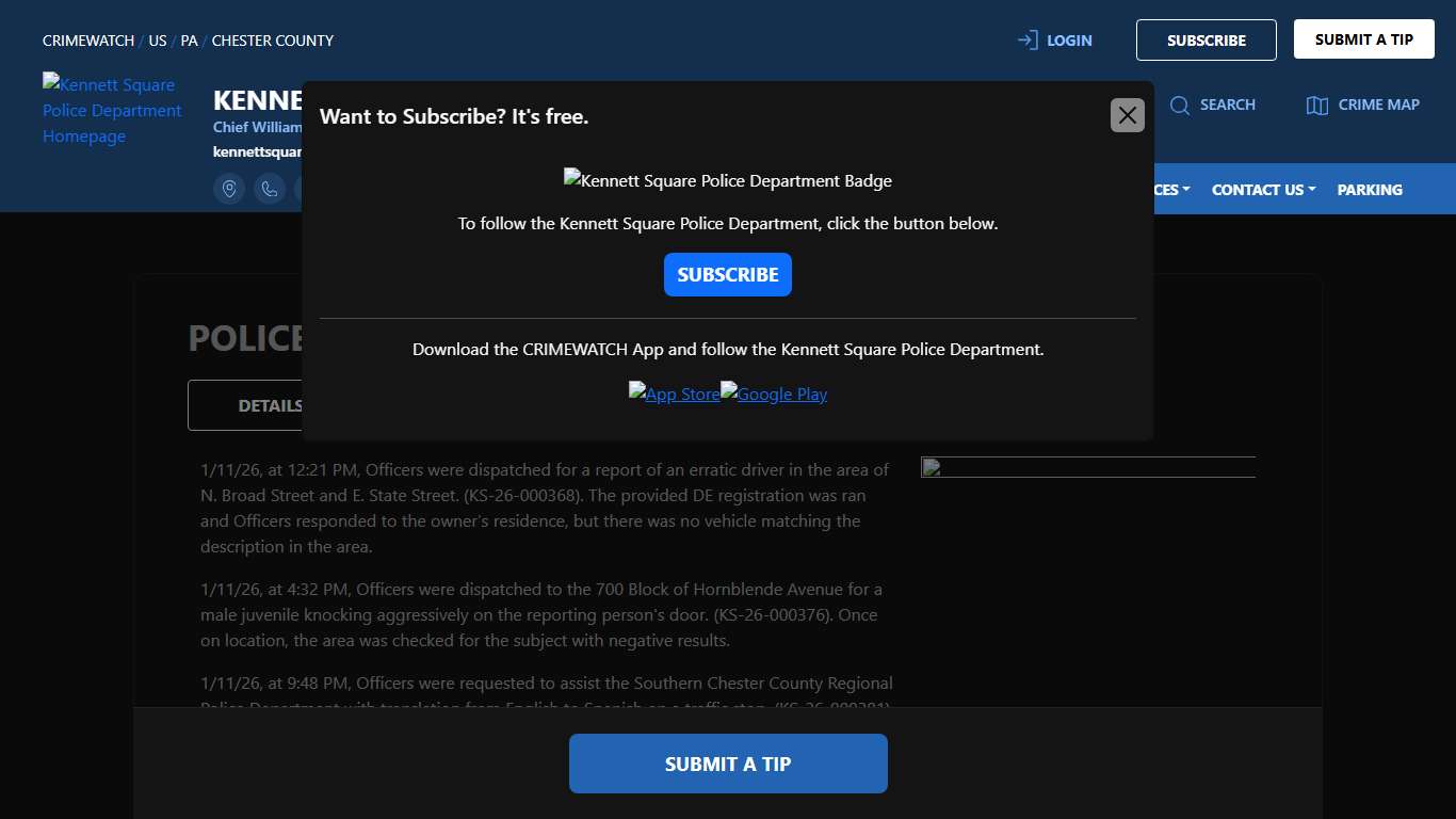 Police Activity Blotter 1/11/26 - 1/17/26 | Kennett Square Police Department