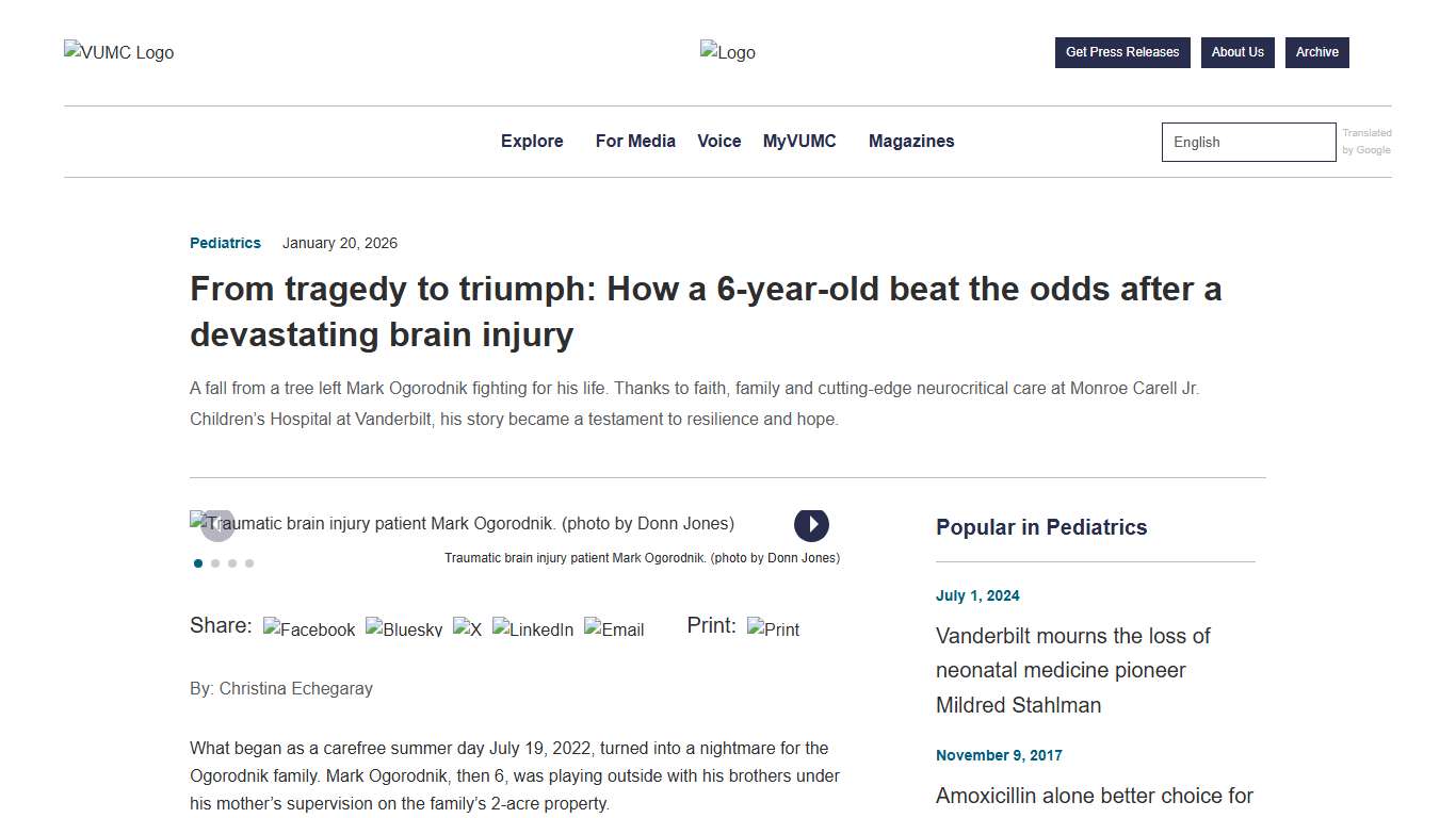 From tragedy to triumph: How a 6-year-old beat the odds after a devastating brain injury - VUMC News