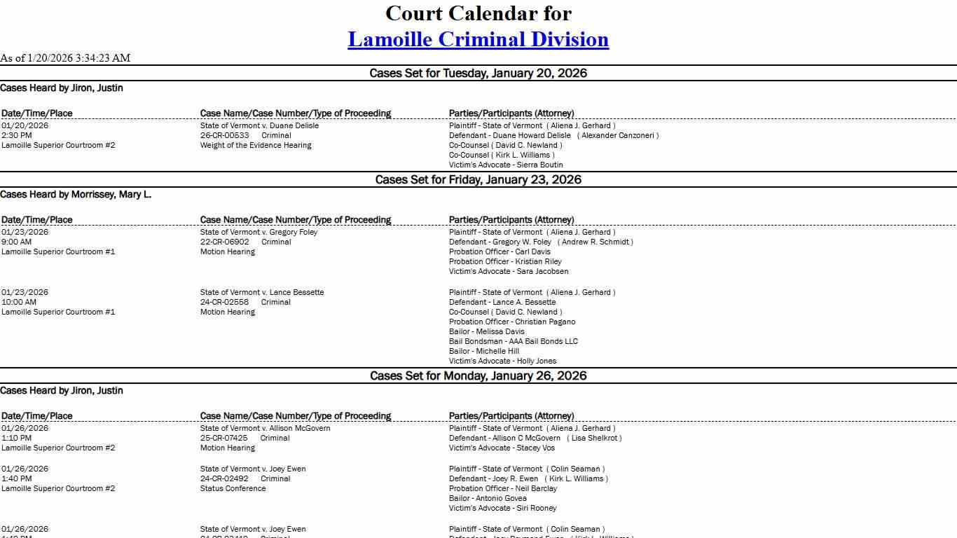Lamoille Criminal Division Calendar